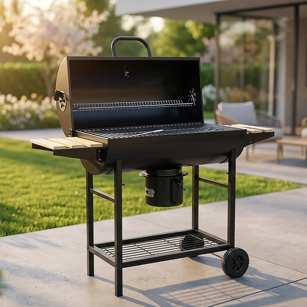 Barbecue a Carbone con Coperchio e Termometro, 2 Griglie in Acciaio Inox SS304 (Cottura + Mantenimento), Ripiani Laterali e Ventilazione Regolabile, BBQ da Giardino con Ruote