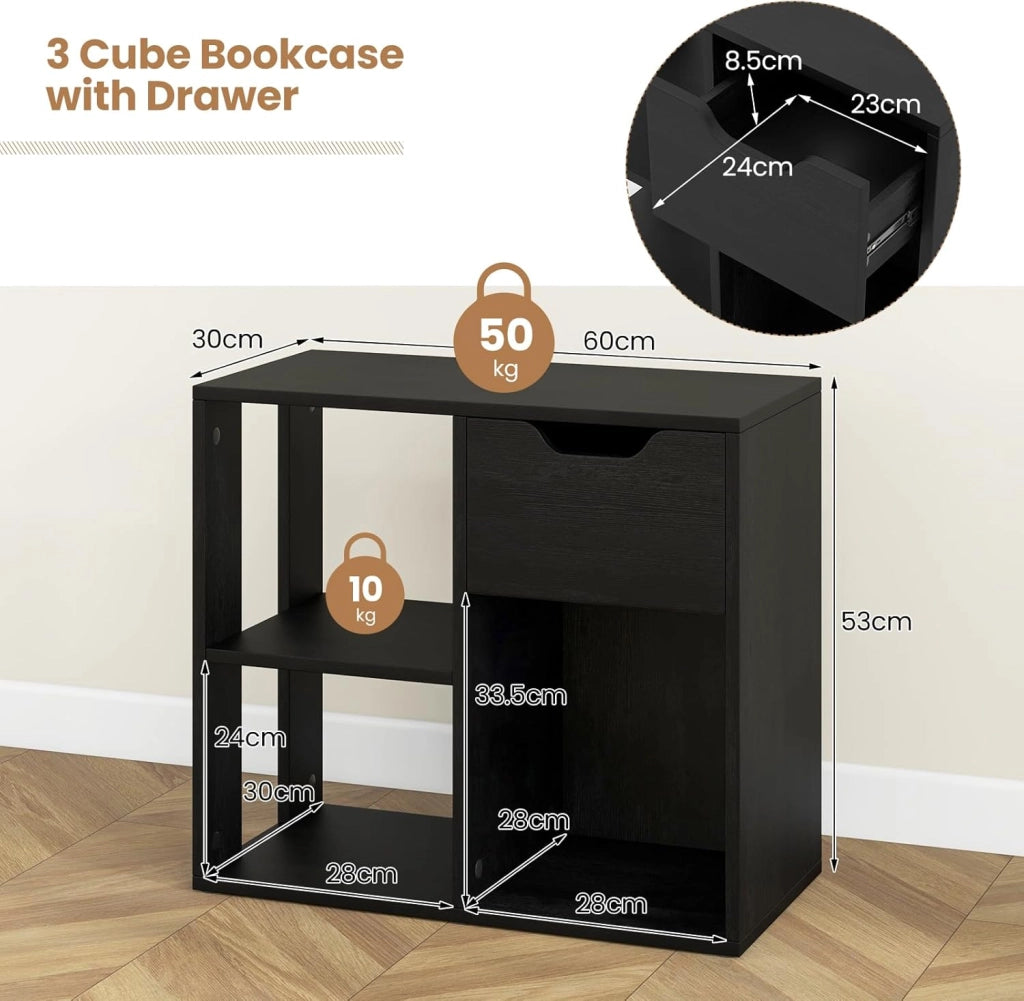 Libreria, scaffale con 1 cassetto e 3 cubi, 60 x 30 x 53 cm, scaffale a cubi autoportante per soggiorno, studio, ufficio (nero)