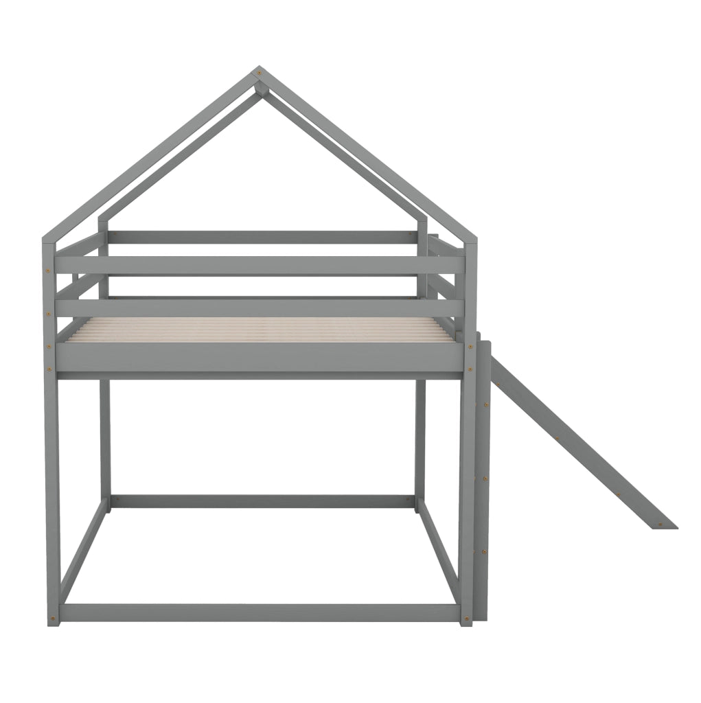 Letto a castello a forma di casa con scivolo e scala, grigio, 140x200 cm