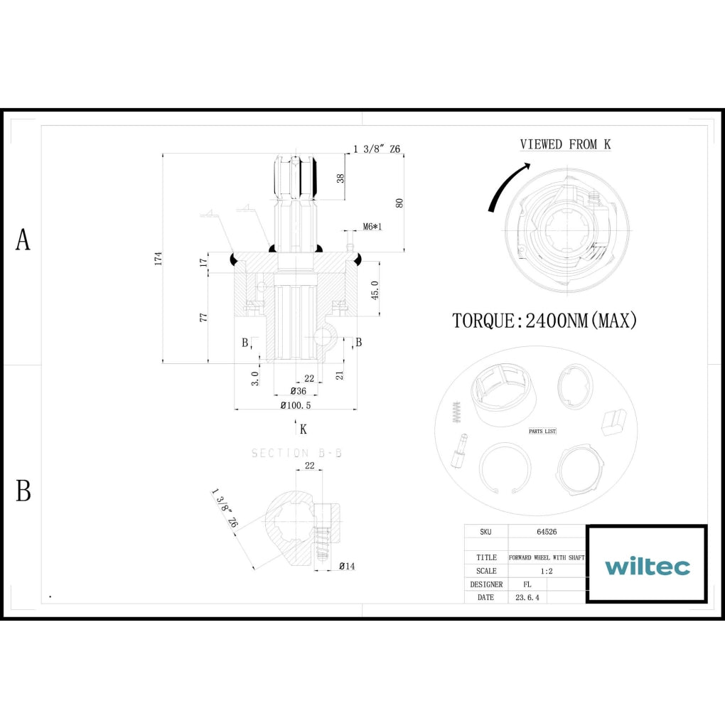 Frizione di sovraccarico cardano 201mm Filetto interno/esterno 1 3/8" Albero scanalato 6D Max 2400Nm