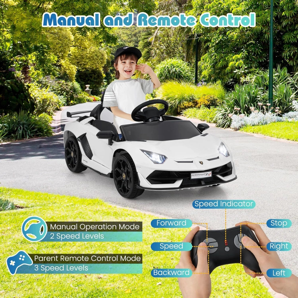 Macchina Elettrica per Bambini Lamborghini SVJ 12V con Telecomando, Auto Elettrico a Pedale e Luci LED, Veicoli con Musica, MP3, Clacson e USB, Carico 30 kg, 3-8 Anni (Bianco)