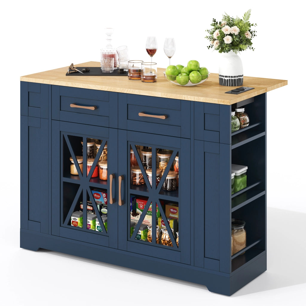 Isola da Cucina Mobile 120x40/65x92 cm Blu e Legno con Piano Ribaltabile, 2 Prese, 2 USB e Ruote
