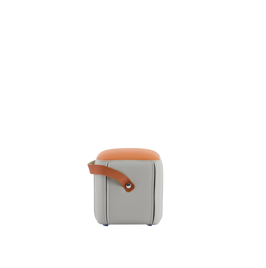 Pouf grigio e arancione in PU con maniglia per il trasporto