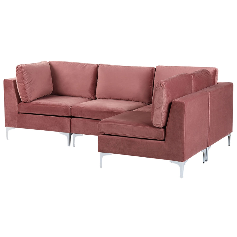 Divano ad angolo componibile versione sinistra a 4 posti in velluto rosa con gambe in metallo argento stile glamour