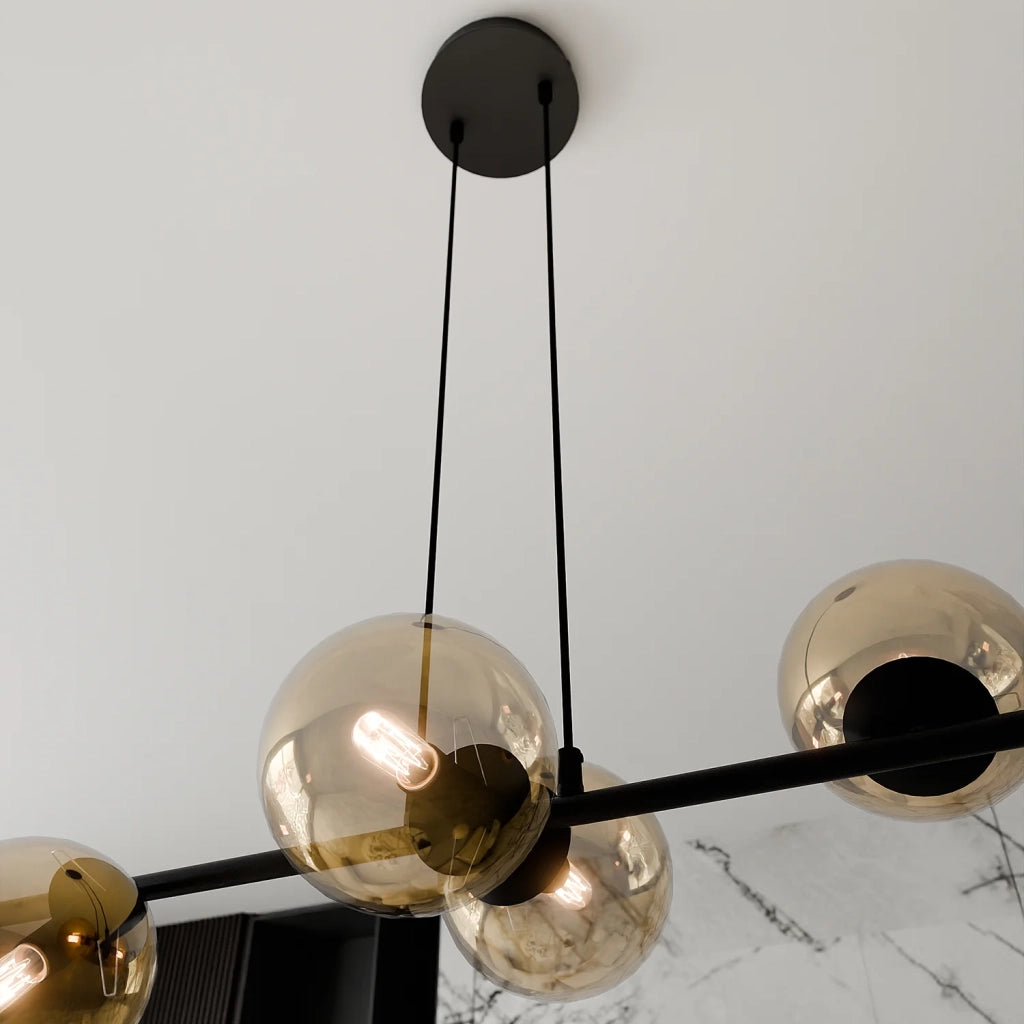 Lampadario Contemporaneo 6 Luci Durga In Acciaio Nero E Sfere In Vetro Ambra