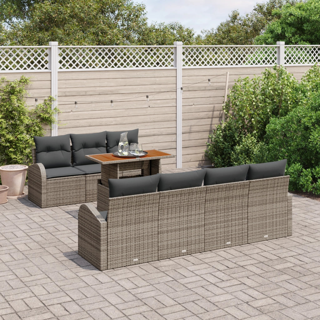 Set da Pranzo da Giardino da 8 Pezzi con Cuscini Grigio Polirattan Acacia