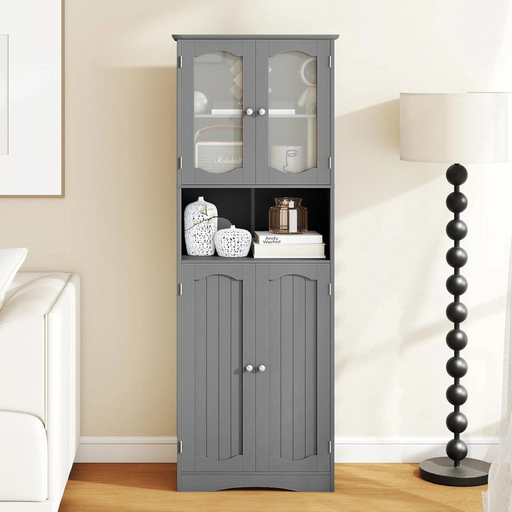 Armadio Alto da Bagno con Ante in Vetro Temperato, Ripiani Regolabili, Kit Anti-Ribaltamento, per Bagno, Soggiorno, Sala da Pranzo e Cucina, 60x30x164 cm (Grigio)