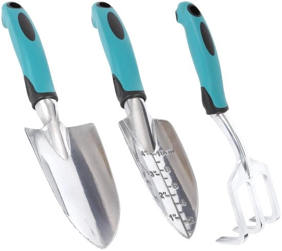 Kit di attrezzi da giardino, set di attrezzi da giardino, lega di alluminio leggera, resistente alla ruggine, set di attrezzi da giardino, ideale per il giardino, attrezzi da giardino con guanti (3 pezzi)