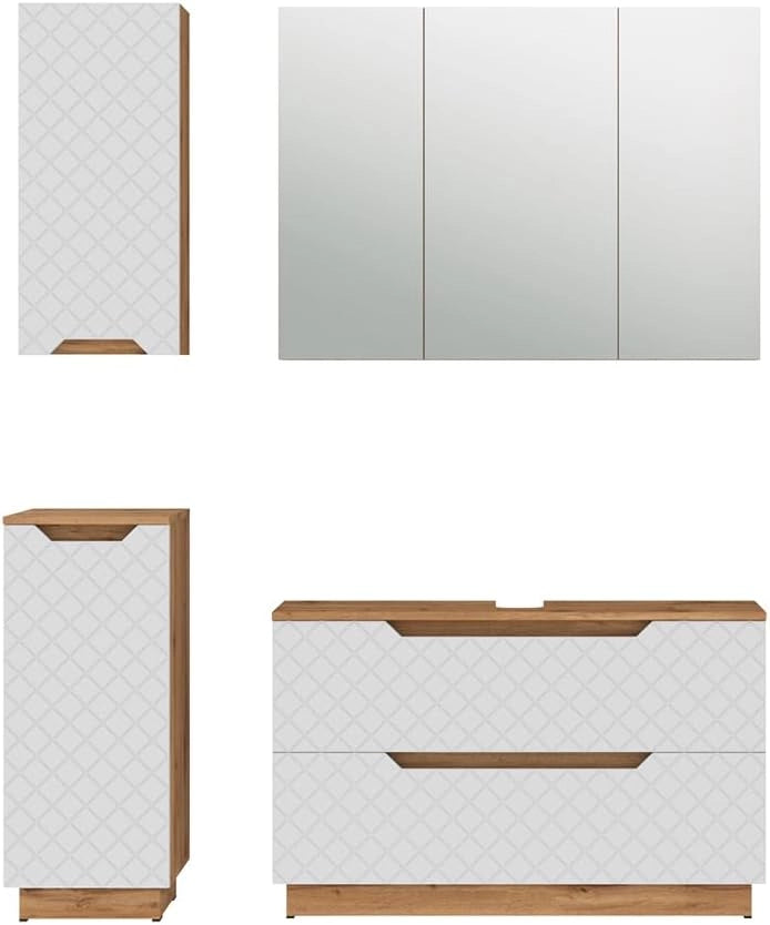 Set di mobili da bagno Lotta, Rovere/bianco con struttura in piastrelle, 4 parti