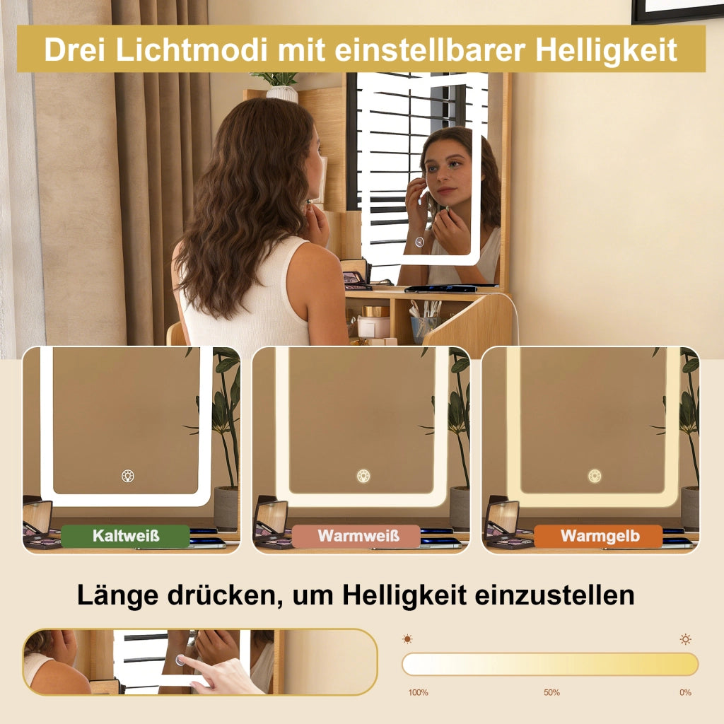 Tavolo da toeletta con specchio LED; presa; porta asciugacapelli; sgabello imbottito; compatto per piccole camere; Bianco; B60×H130×P36cm