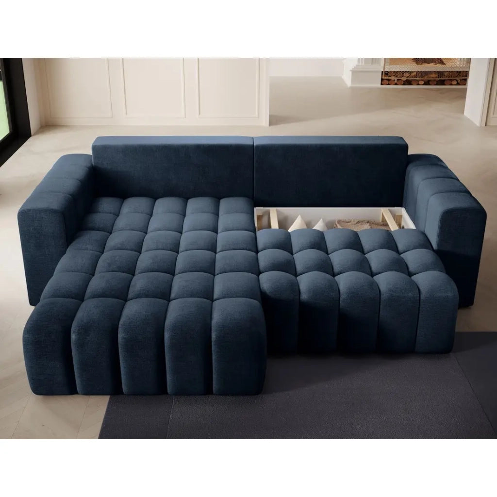 Divano angolare trasformabile DORY blu scuro 250 cm con contenitore angolo sinistro