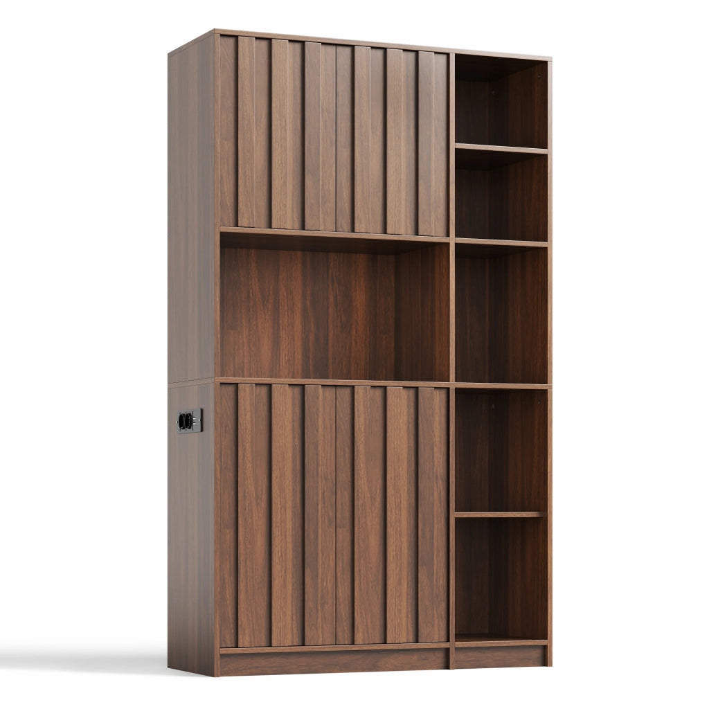 Credenza alta multifunzione con LED RGB, prese integrate e struttura in MDF finitura walnut, 105 x 40 x 180 cm