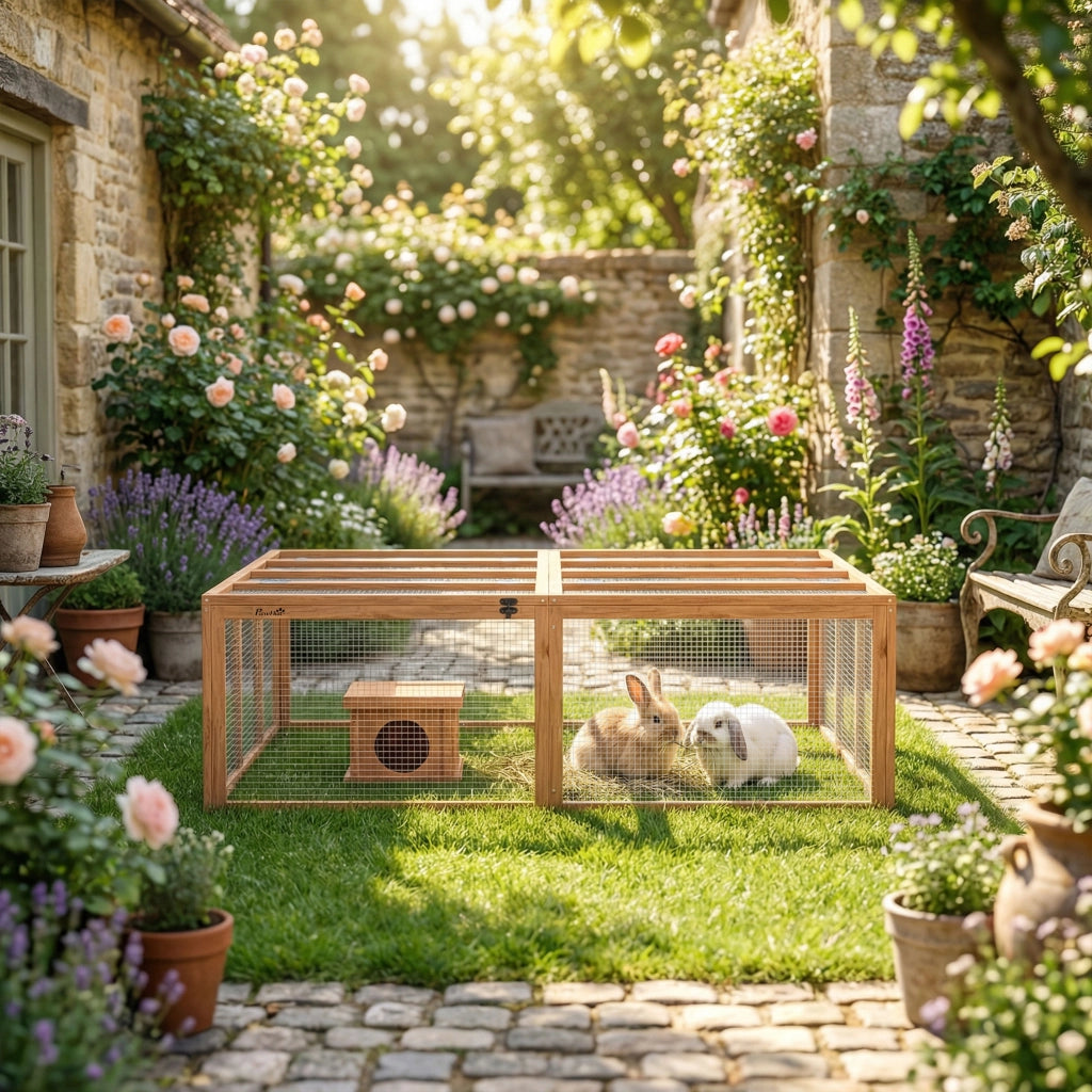 Recinto per conigli in legno con 2 porte e rifugio ¨C Xylo ¨C 180x150x48 cm arancione