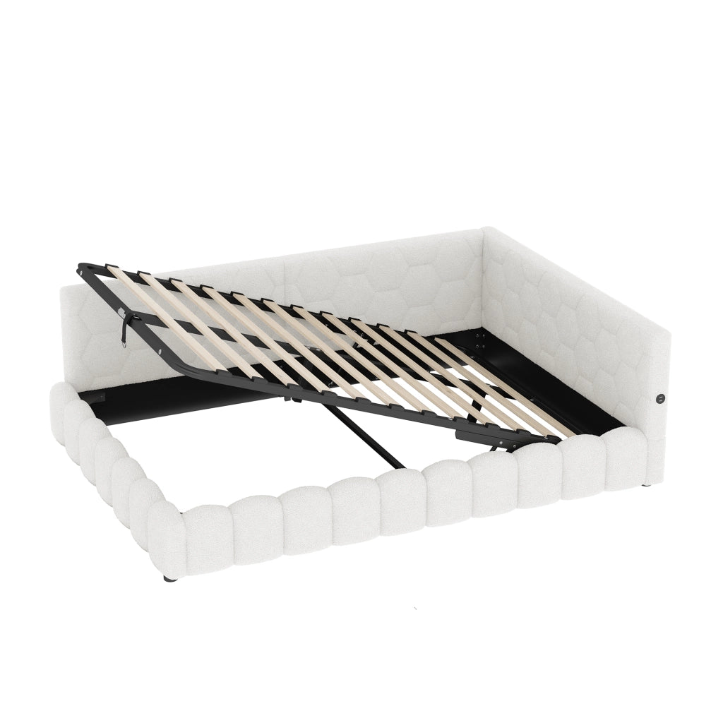 Letto a una piazza e mezza 140x200 cm con rete a doghe, contenitore idraulico, LED, USB e Type-C, bianco