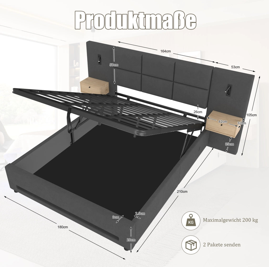 Letto 180x200 cm in velluto grigio scuro con LED e USB-C