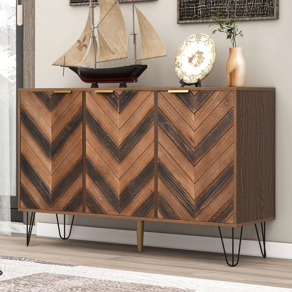Sideboard 120x38x76.5 cm con 3 ante; piedini in ferro; colore naturale e nero