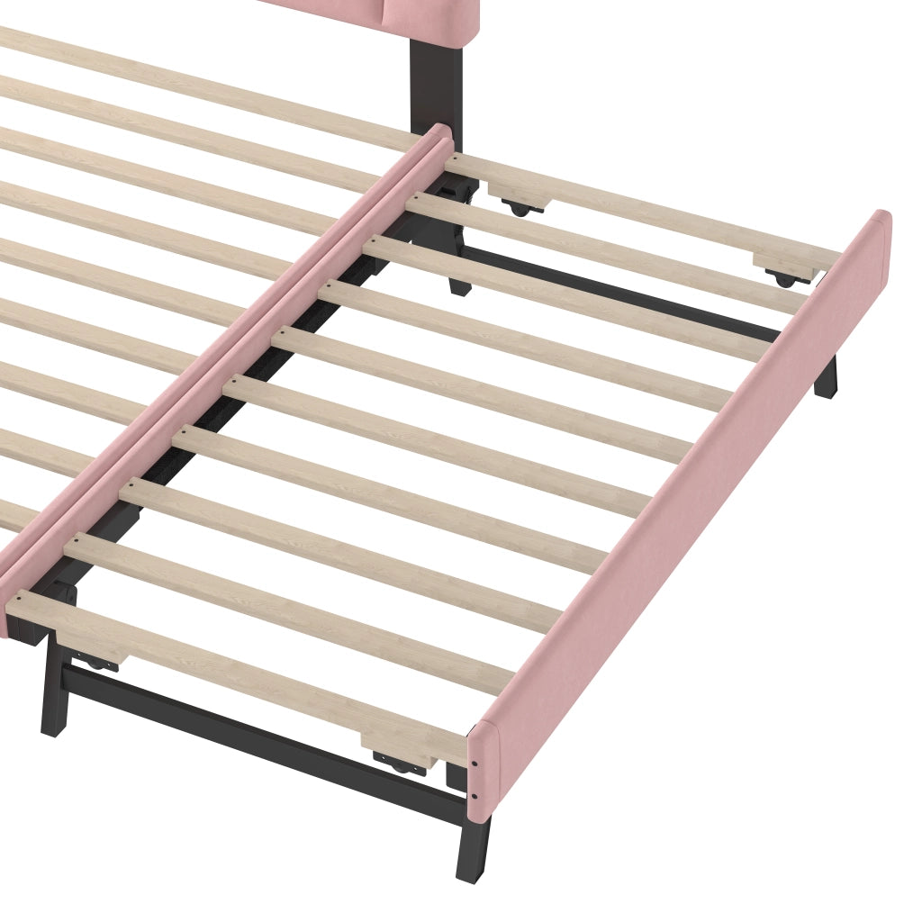 OKWISH Letto con Cassetti 140×200 cm, Letto Matrimoniale con Letto Estraibile, Testiera con Bottoni e Rete, senza Materasso, Velluto, Rosa