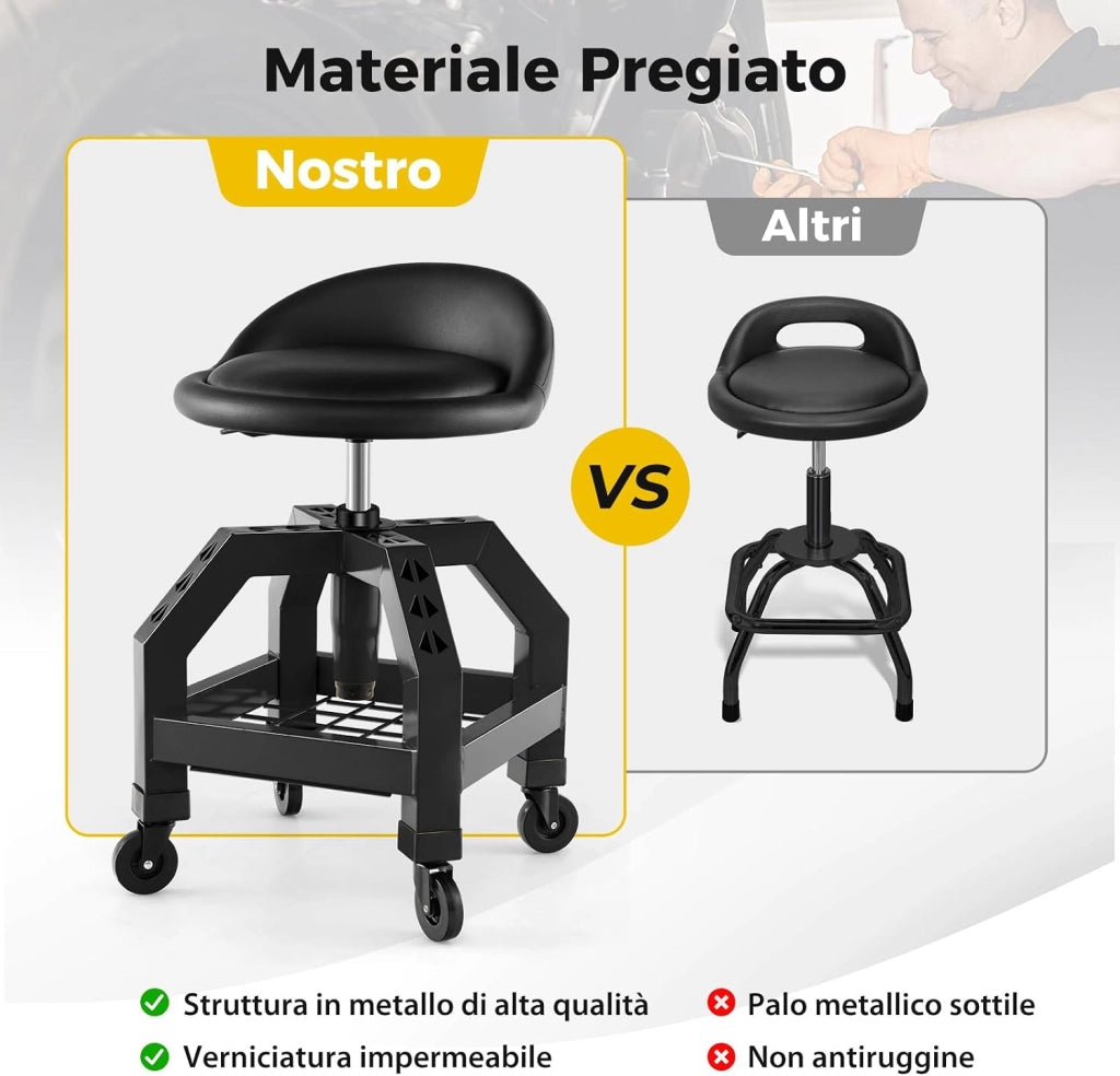 Sgabello da Officina, Sgabello Meccanico Rotante con Vassoio Porta Attrezzi, Regolabile in Altezza e 4 Ruote Universali, Capacità di 150 kg, per Garage, Officina (Nero)