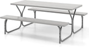 Set Tavolo da Picnic con Panche per 8 Persone, Tavolo da Campeggio con Foro per Ombrellone, Telaio in Metallo, Tavolino da Picnic Rettangolare con Sedute per Patio (Grigio)