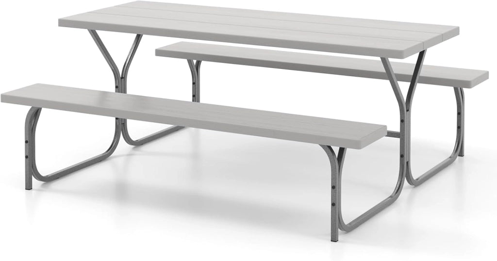Set Tavolo da Picnic con Panche per 8 Persone, Tavolo da Campeggio con Foro per Ombrellone, Telaio in Metallo, Tavolino da Picnic Rettangolare con Sedute per Patio (Grigio)