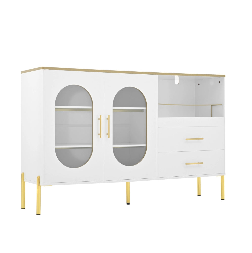 Credenza bianca 140 cm con 2 cassetti e ante in vetro