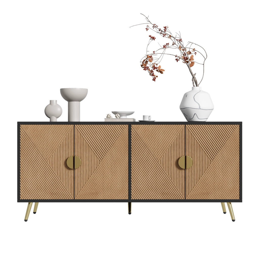 OKWISH Madia con 4 Ante e Cerniere con Chiusura Ammortizzata per Soggiorno o Sala da Pranzo, MDF e Truciolare, Nero e Legno, 160 x 40 x 75 cm
