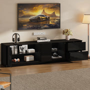 Mobile TV basso nero 160 cm con LED, 2 cassetti e vano con vetro temperato