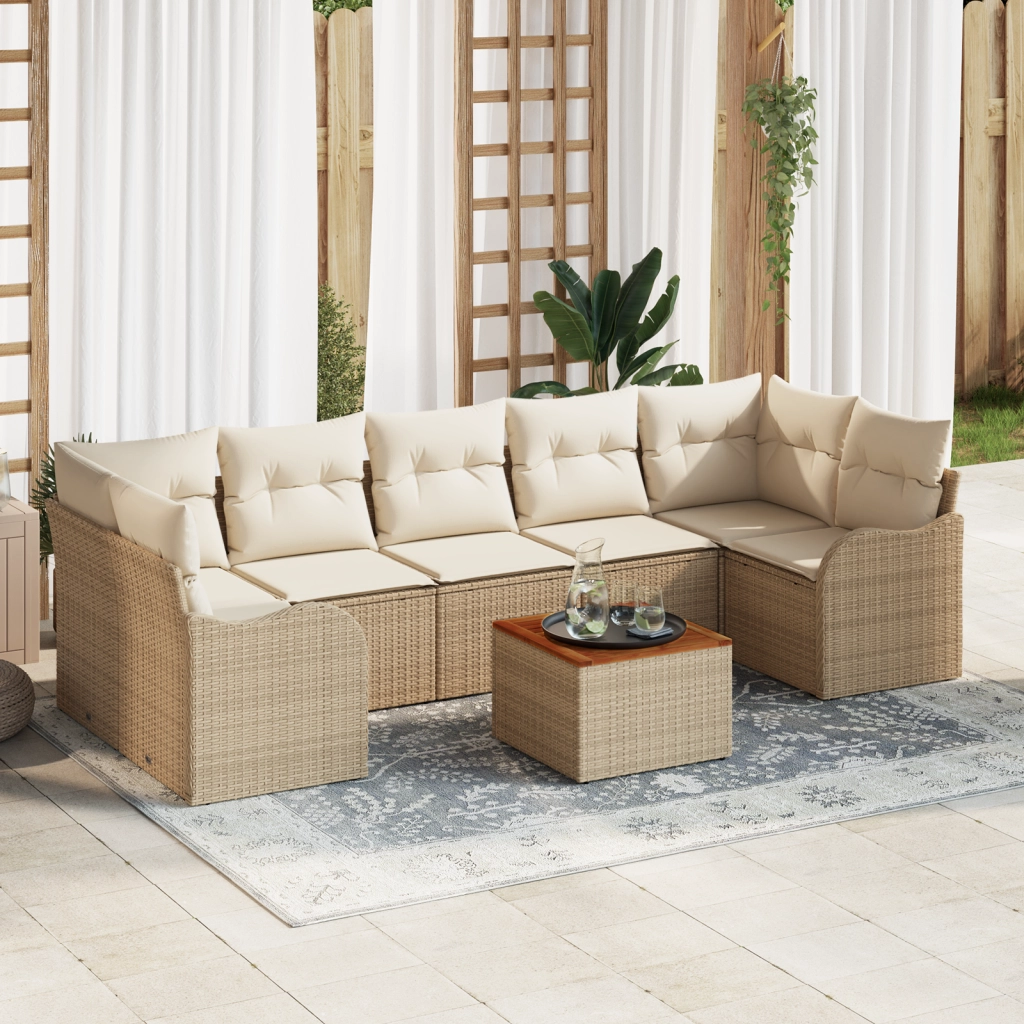 Set Divano da Giardino 8 Pezzi con Cuscini Beige Polyrattan Acacia