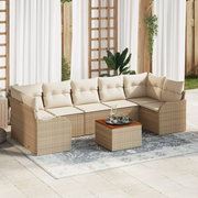 Set Divano da Giardino 8 Pezzi con Cuscini Beige Polyrattan Acacia