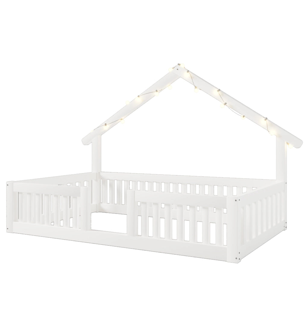 Letto a casetta per bambini con barriera di sicurezza e luci LED; 90 x 200 cm; bianco