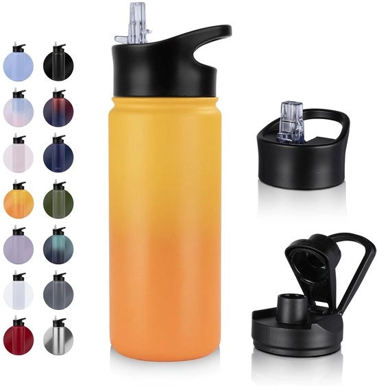 Fles diario in acciaio inox - 500ml - con cappello di giunchi, privo di conservanti, adatto a bevande gassate, termos di vetro BPA-free (+2 coperchi) isolamento a doppia parete a vuoto per sport, viaggi, campeggio, scuola, bicicletta, palestra