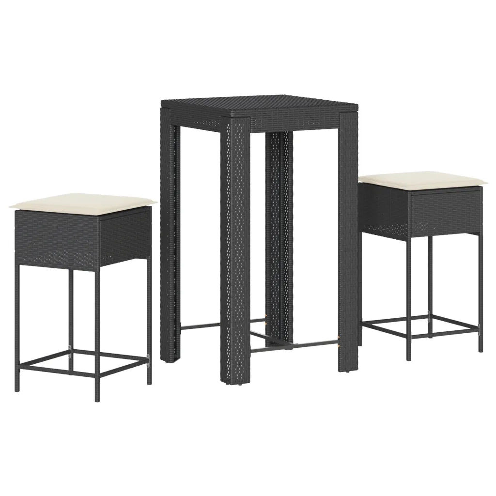 vidaXL Set Bar da Giardino 3 pz con Cuscini in Polyrattan Nero