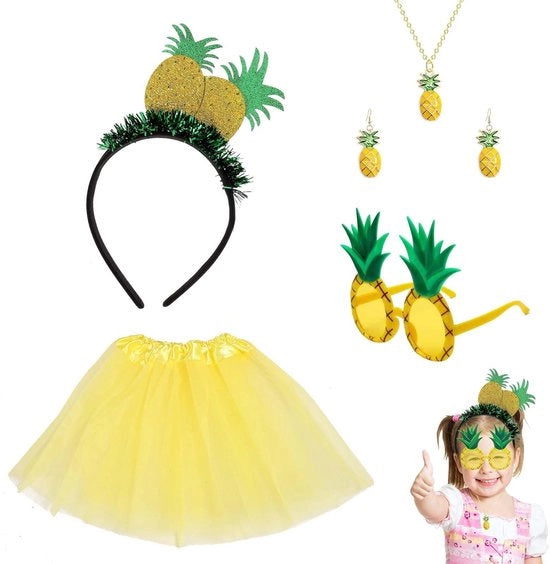 Costume da donna tropicale - Set di accessori - Tutu giallo - Benda per capelli tropicale - Occhiali ananas - Materiali confortevoli - Costumes da carnevale