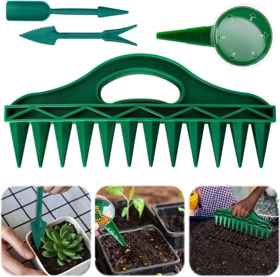 Set di semina 4-in-1 per giardinaggio e semina - aiutante per piante con 12 fori - dispensatore di semi con pezzo di regolazione e manico - forca per semi per piante - attrezzo per semina.