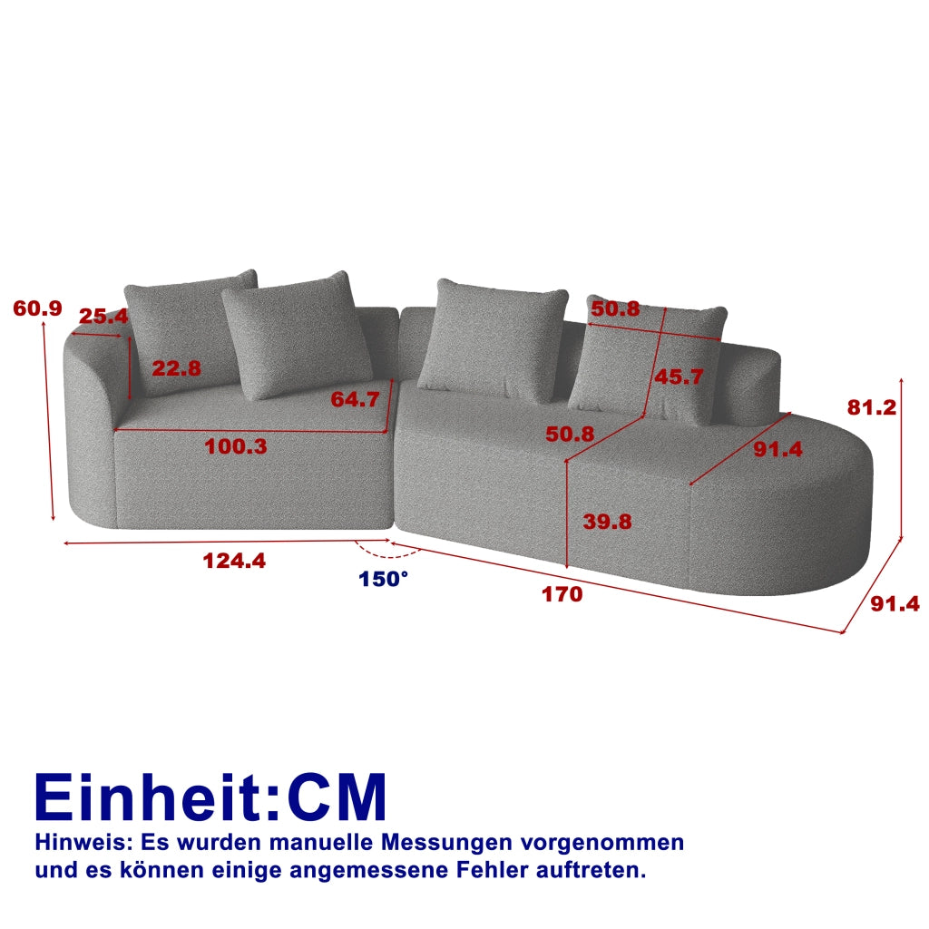 Divano Angolare in Velluto con Cuscini ¨C MINIMAL ¨C 4 Posti, Chaise Longue, Grigio