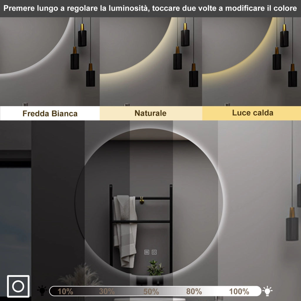 AICA Specchio da bagno 80 x 80 cm, 3 colori, antiappannamento, dimmerabile, interruttore touch, Funzione Memoria