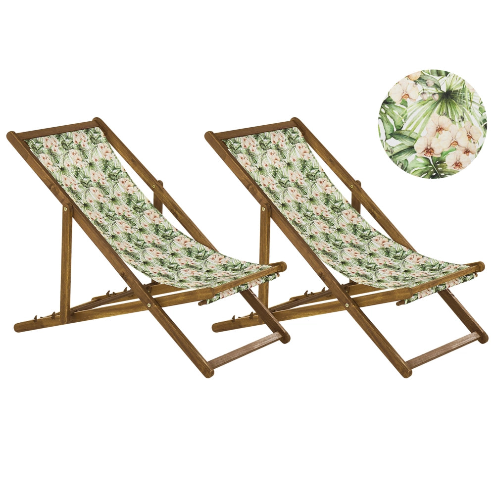 Set di 2 sedie a sdraio da giardino con struttura in legno di acacia chiaro con motivo floreale in tessuto amaca sedile reclinabile
