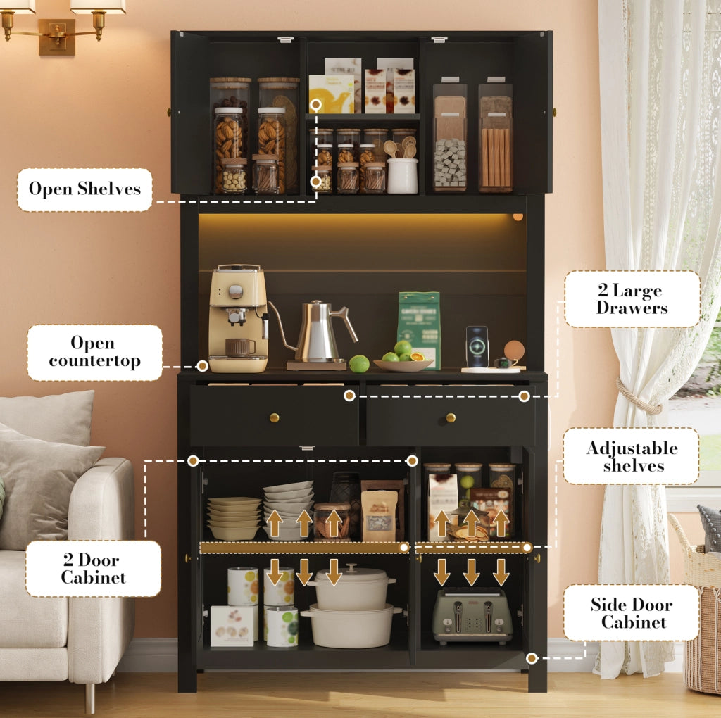 Mobile da cucina alto con LED RGB; prese e 2 cassetti; MDF nero; 100 x 40 x 180 cm
