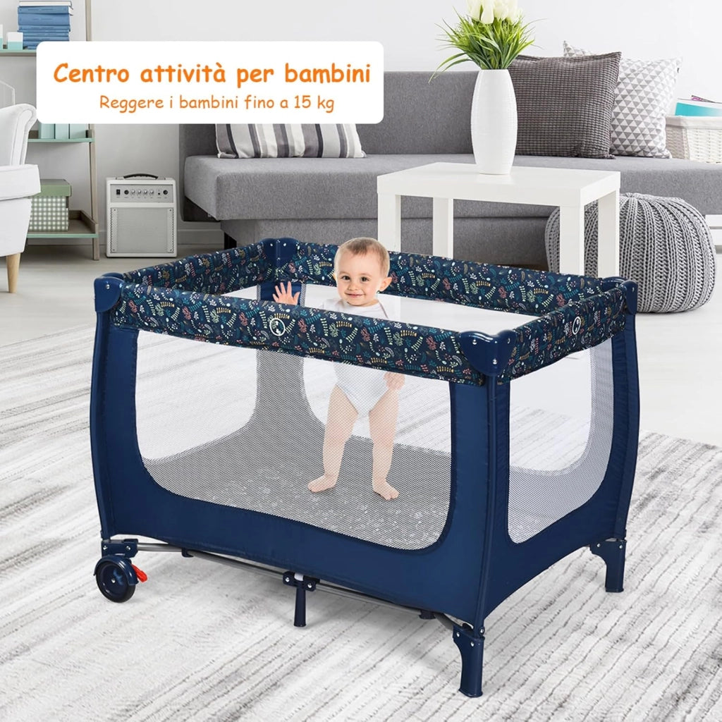 Lettino da Campeggio con Materasso, Lettino per Bambini Pieghevole, Culla da Viaggio Portatile con 2 Ruote, Per Bambini 0-36 Mesi, 125 x 65 x 76 cm (Blu)