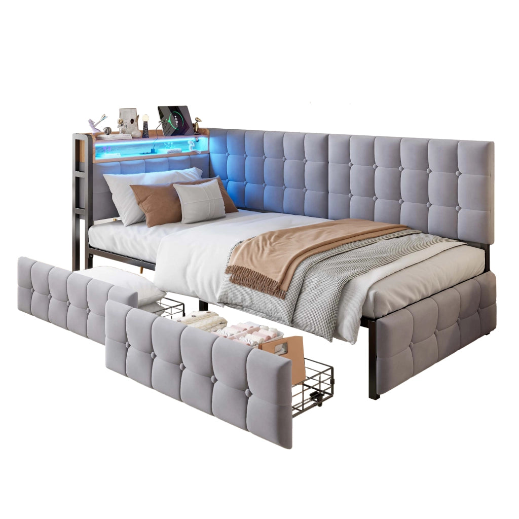 OKWISH Letto Divano 90×200 cm, Letto Singolo con 2 Cassetti, LED Regolabile e USB e Tipo C, senza Materasso, in Tessuto, Grigio