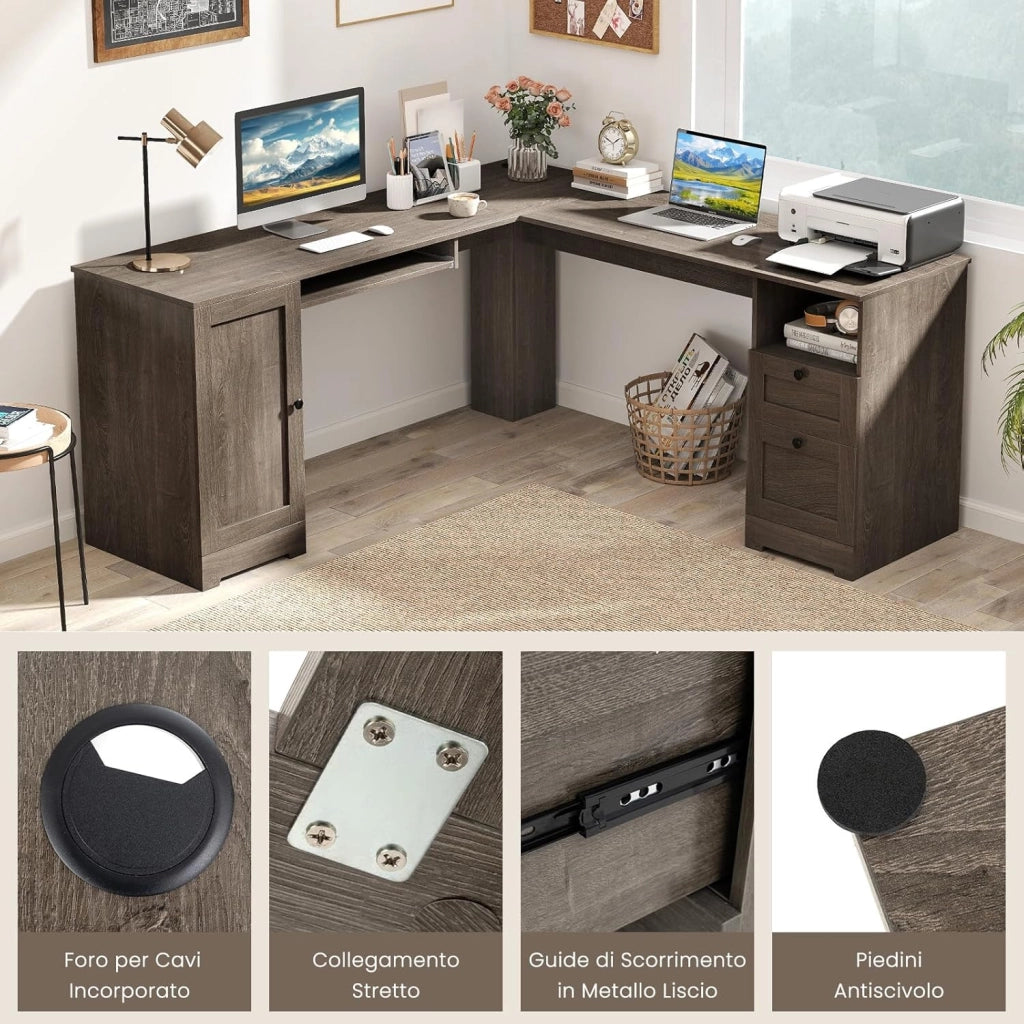 Scrivania ad Angolo a Forma di L, Scrivania per Studio in Legno con 2 Cassetti, Tavolo per computer per Ufficio Studio, 168 x 168 x 76 cm (Grigio)