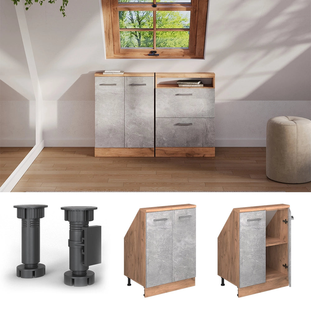 Mobile cucina sottotetto R-Line Calcestruzzo/Rovere dorato 60 cm con 2 porte Vicco