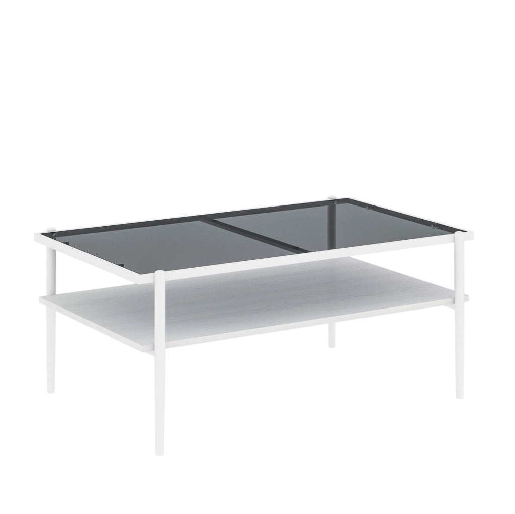 Tavolino da salotto con piano in vetro temperato e vano portaoggetti in MDF grigio e bianco