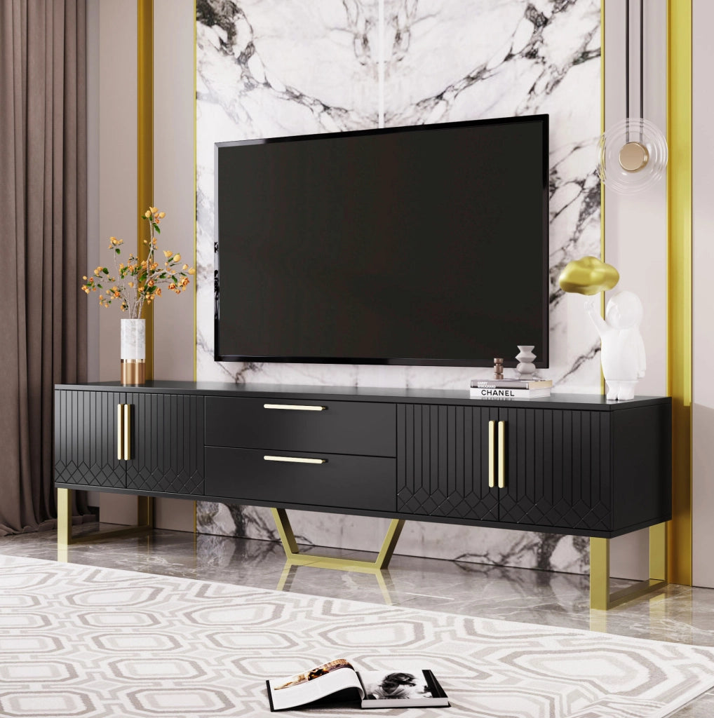 Mobile TV nero lucido 170 cm con 4 ante, 2 cassetti e dettagli oro