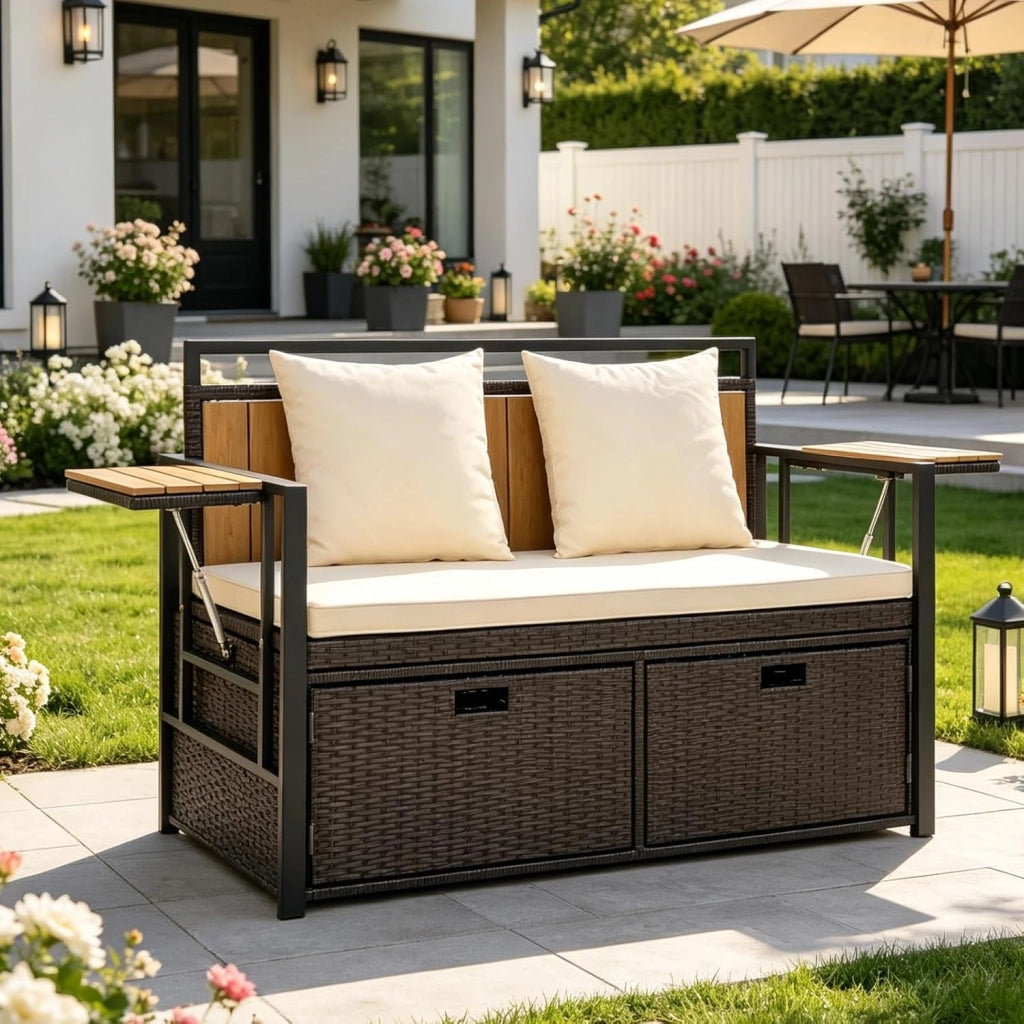 Divano da Giardino 2 Posti, Panchina da Esterno in Rattan PE con Contenitore, Cuscini Imbottiti e Tavolini Pieghevoli, Salotto da Giardino per Balcone e Terrazza, 120 x 51 x 82 cm (Bianco)