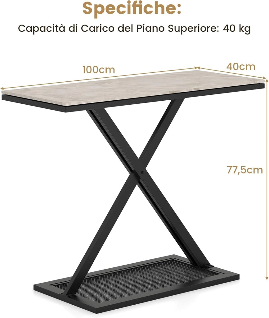 Tavolo Consolle, Tavolo d’Ingresso con Dispositivo Anti-ribaltamento, Piano in Marmo, Struttura Metallica e Piedini Regolabili, Consolle per Soggiorno, Corridoio e Ingresso