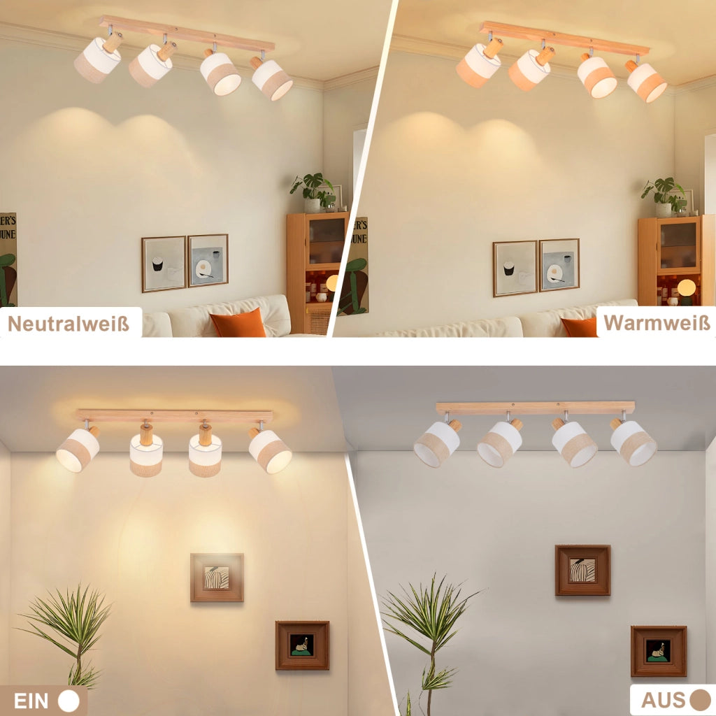ZMH Faretto da soffitto vintage 4 luci legno tessuto orientabili 350° E14 max 25W senza lampadina