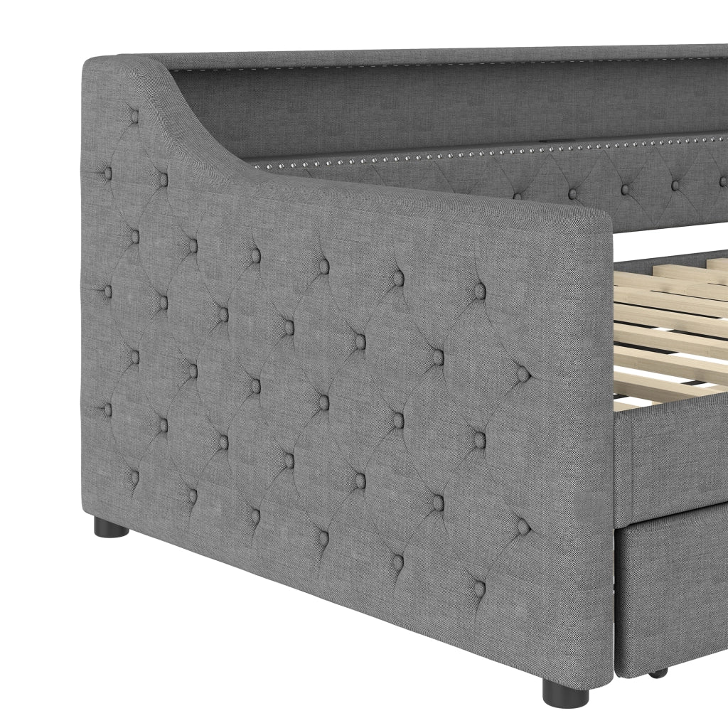 Letto singolo 90×200 cm con LED; USB e letto estraibile; senza materasso; lino; grigio