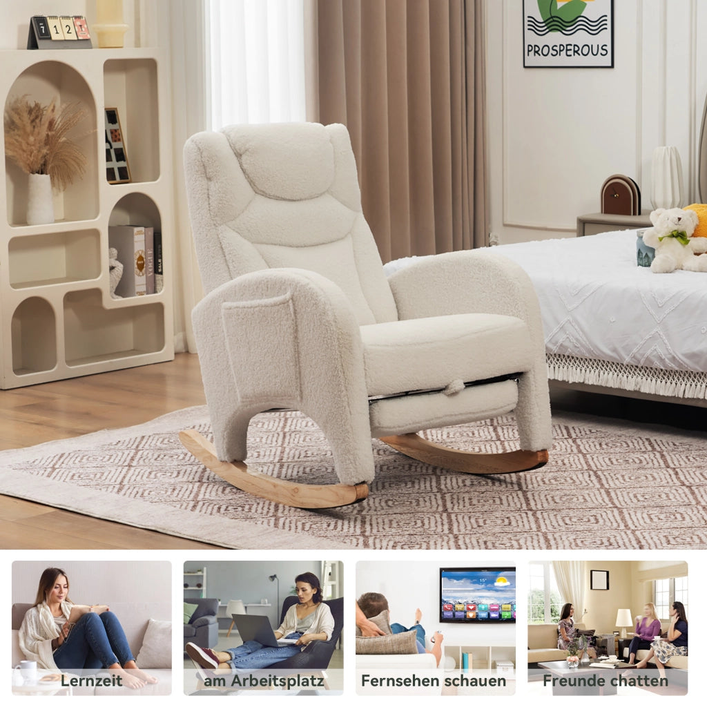 Sedia a dondolo relax con poggiapiedi pieghevole e schienale ergonomico in tessuto teddy bianco 66 × 125 × 101 cm