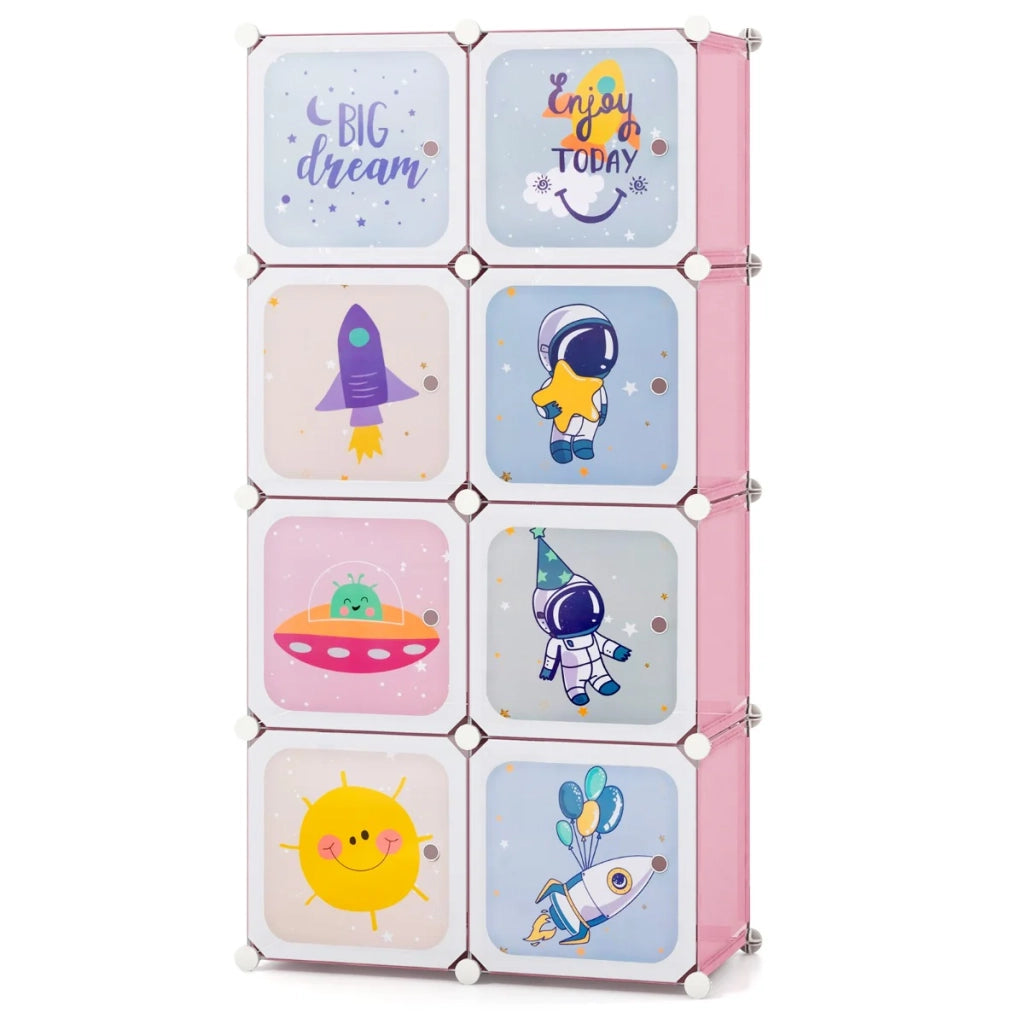 Armadio per bambini con 8 cubi 71 x 36 x 142 cm con asta appendiabiti personalizzabile design grazioso PP rosa 20_0010311